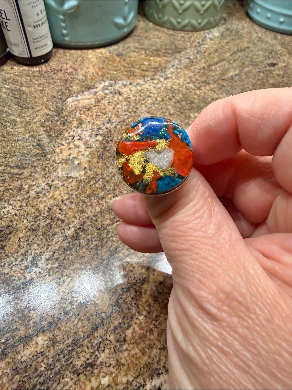 Spiny Oyster, Turquoise Eclectic Silver Artisan Ring, Size 8 (Red, Blue, Gold) - Picture 4 of 9